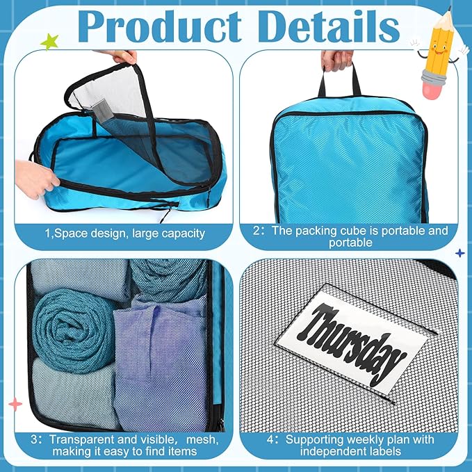 7 Pcs Packing Cubes for Travel Days of Week Compression Packing Cube with Labels Organizers Luggage Storage Bag(Blue,Large)