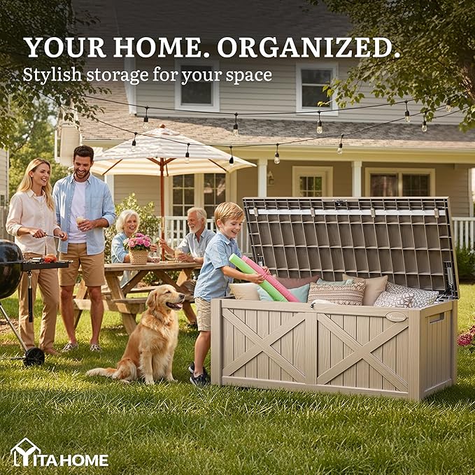 YITAHOME 150 Gallon Large Deck Box with X-Shaped Front, Resin Outdoor Storage Boxes, Waterproof Cushion Storage Bench for Patio, Pool Supplies, Garden Tools - Lockable, Taupe