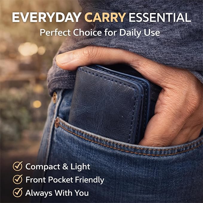 Genuine Leather Bifold Card Holder Wallet for Men & Women Slim Minimalist Front Pocket Credit Card Wallet, Compact Travel & Everyday Carry - Navy Blue