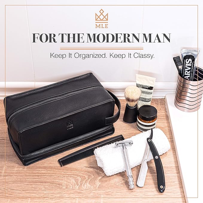 MAKE LIFE EXCLUSIVE Mens Leather Toiletry Bag – Travel Dopp Kit, Shaving Bag, Grooming & Hygiene Organizer, Leather Toiletry Bag for Men, Gift for Him