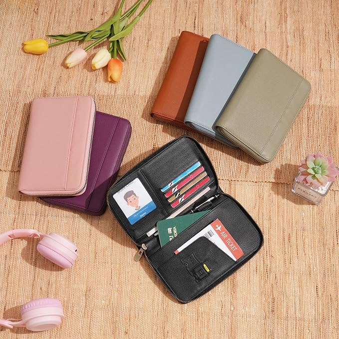 WASON Leather Zipper Travel Passport Wallet Holder RFID Blocking Cover, Passport case Pocket Slot for Card, Cash, ID, Boarding Pass and Ticket for Men, Women and Family Trips (Green)