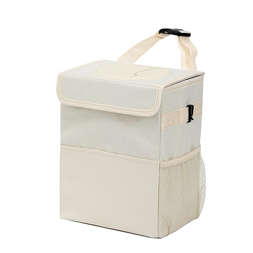 AOKJOY Car Garbage can with lid Leak Proof Vehicle Trash Can 3 Storage Pockets Hanging Waterproof car Trash Bag for SUV Beige