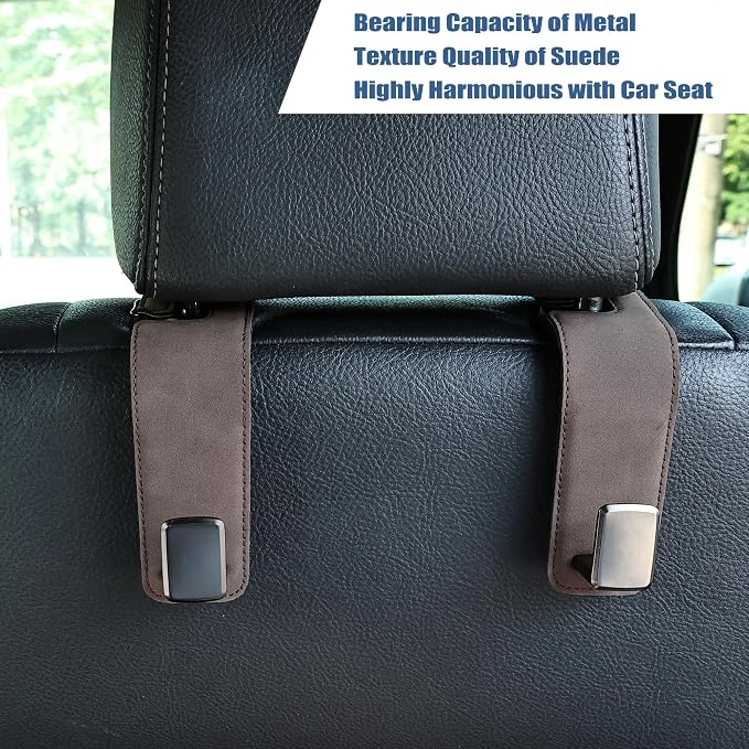 Amooca Car Seat Back Hook Universal Auto Storage Hanger Suede with Metal Car Seat Organizer for Handbag Purse Coat Umbrellas Grocery Bags 2 Pack Brown
