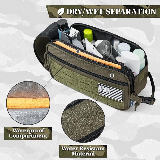PAVILIA Tactical Toiletry Bag for Men, Water Resistant Molle Military Dopp Kit, Travel Hygiene Organizer with Wet Dry Storage for Shaving, Grooming, Gym and Camping, Olive