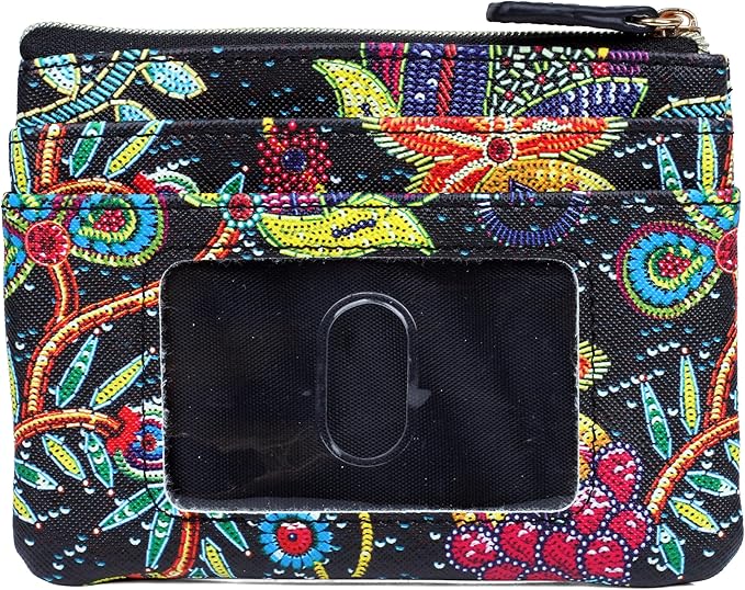 Julia Buxton Vegan Leather Wallet with Zipper, ID Windows, RFID Blocking, Card Slots & Key Ring, Compact Coin & Card Holder Case, Gift Idea,Sequin Flower
