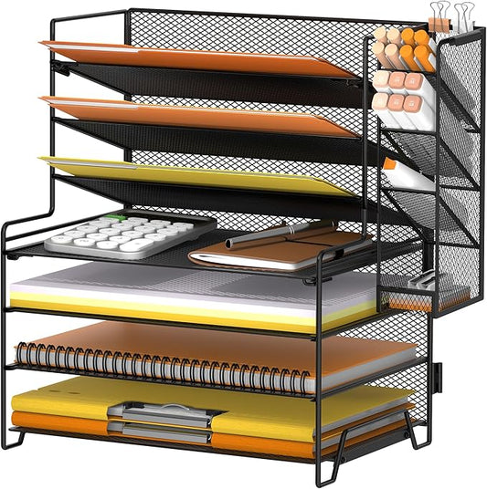 SUPEASY 7 Tier Desk Organizer, Desk File Organizer with Pen Holder, Paper Organizer for Desk, Desk Organizers and Accessories for Home Office School, Black