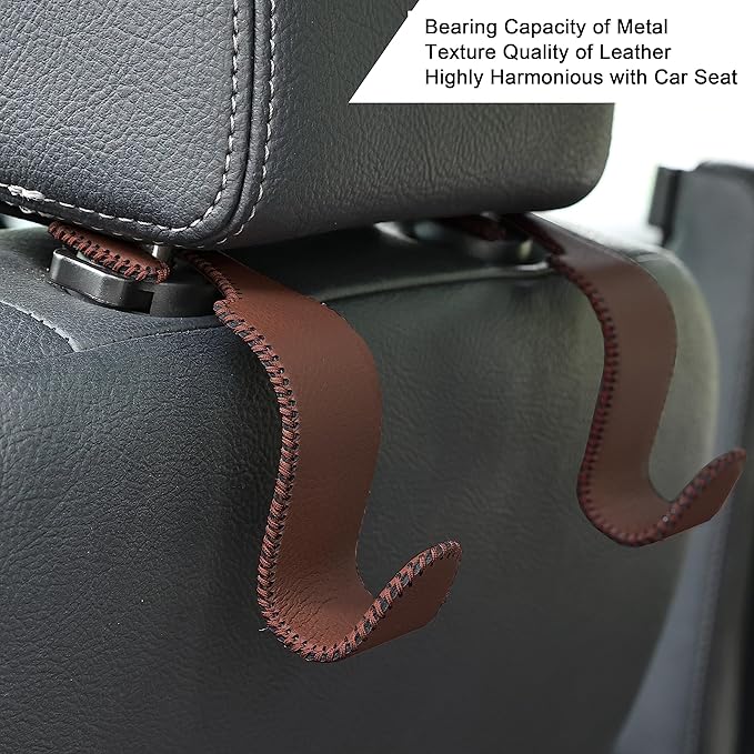 Amooca Car Seat Headrest Hook Universal Vehicle Storage Hanger Leather with Metal Car Seat Back Organizer for Handbag Purse Coat Brown 2 Pack