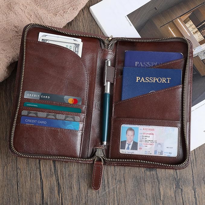 Polare Full Grain Leather Passport Holder With YKK Zipper RFID Blocking Travel Document Organizer Ticket Holder Cover Case Holds 2 Passports (Coffee)