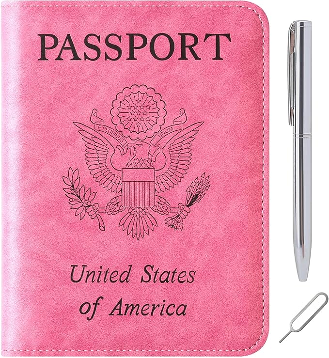 Passport Holder for Travel Essentials Wallet Rfid Blocking Cover Leather Case Vacation Travel Accessories for Women Men (602#Pink)