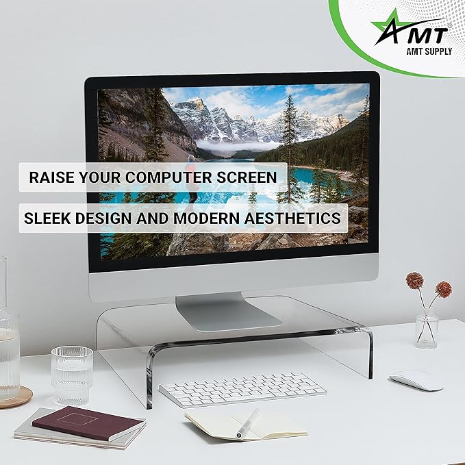AMT 16 Inch Acrylic Laptop Monitor Stand, Computer Riser with Cat Keyboard Protector, Space-Saving Design, Extra Storage, Clear Shelf - Ideal for Monitors, Laptops, Printers, Desktop Decor