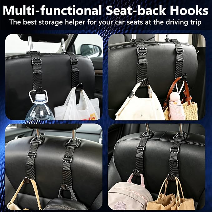 Amooca Headrest Hooks for Car Adjustable 4 Pack Vehicle Seat Back Organizer Storage Hanger Holder for Purse Bags Universal Fit with Clip Black Carbon Fiber