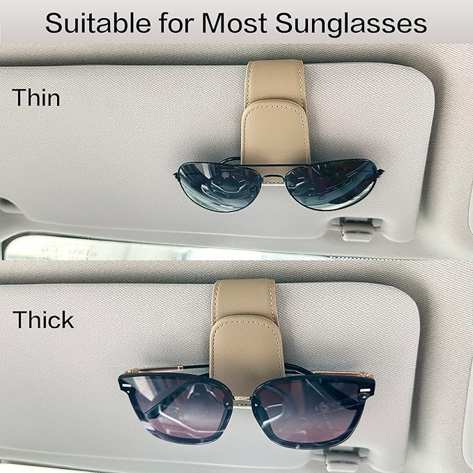 2 Packs Sunglass Holder for Car Sun Visor, Magnetic Eyeglass Hanger Clip for Car Visor, Leather Car Glasses Mount, Car Interior Visor Accessories (Beige-2Pcs)