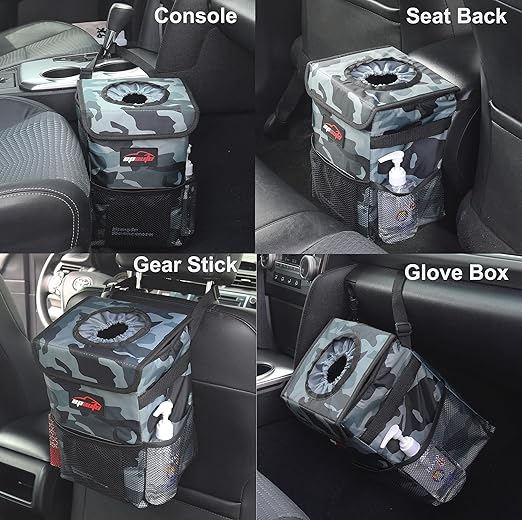 EPAuto Waterproof Car Trash Can with Lid and Storage Pockets, Camouflage Grey