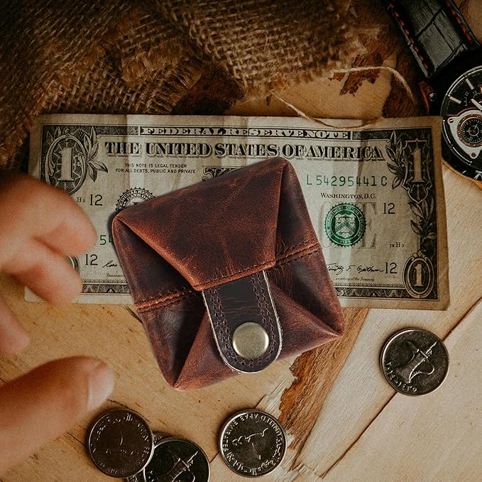 Leather Coin Pouch - Compact Change Holder and Mini Pocket Wallet for Men & Women (Brown)