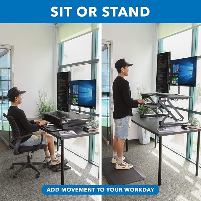 Mount-It! Electric Standing Desk Converter with Dual Monitor Arms for 2 Screens (Max 32"), Large 35.4" Wide Desktop, Motorized Stand Up Desk Riser, Keyboard Tray, USB, Black Stand up Desk Convertor