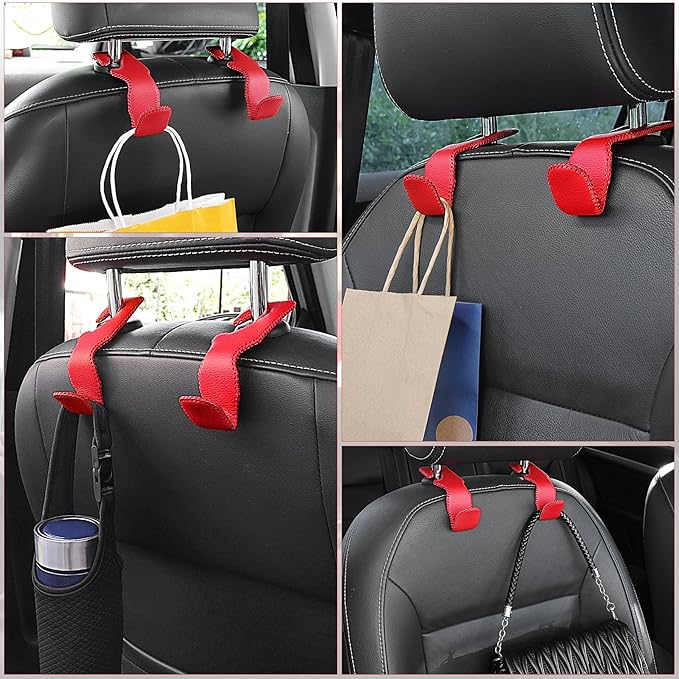LivTee Red Superior Leather Car Seat Back Headrest Hook, Auto Seat Hook Hangers Interior Accessories for Purse Coats Umbrellas Grocery Bags Handbag, 2-Pack