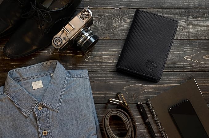 Stealth Mode Men's Slim Front Pocket Wallet - RFID Blocking, Thin Minimalist Design, Genuine Leather - ID Badge Window and 5 Sleeves for Money, Credit Cards, Driver License (Carbon Fiber Leather)
