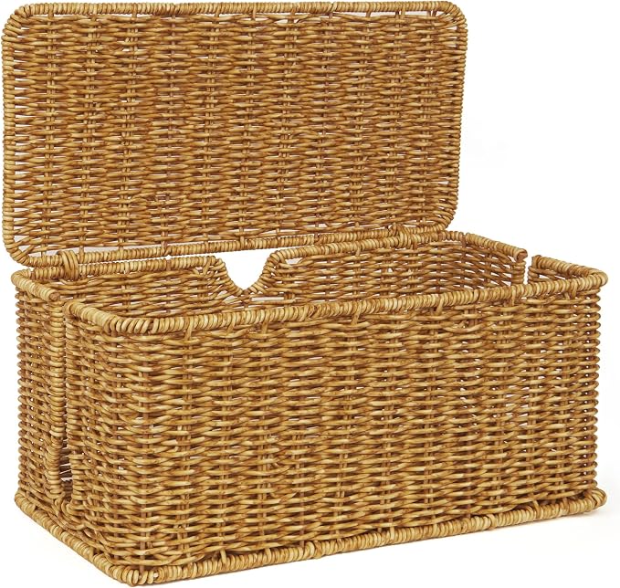 ZhiYo Rattan Cable Management Box, Cord Organizer, Nature, 2 Pack (M&L) | Handwoven imitation rattan cord hider box conceals power strips and cables for a clean desk or floor setup