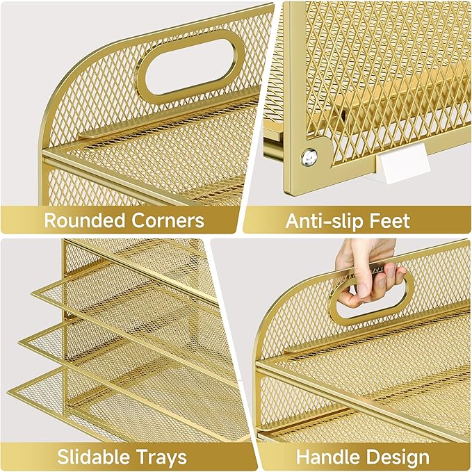 Paper Organizer Letter Tray with Handle Mesh 5 Trays Desk File Organizer Paper Sorter Desk Organizer for Office, Home or School-Gold