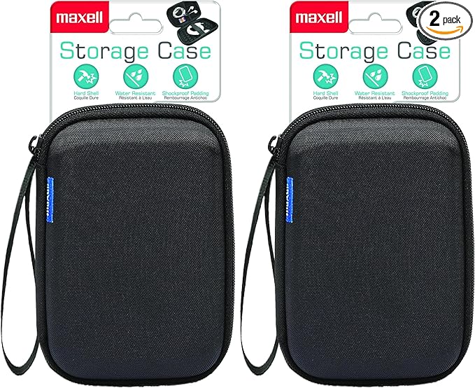 Maxell Hard Shell Small Storage Case: Keep Your Accessories Organized and Safe with Mesh Pockets, Elastic Loop, and Zipper Pocket - Ideal for Powerbanks, Cables, and Earbuds (Pack of 2)