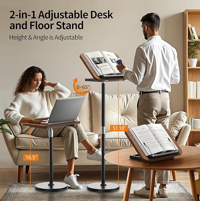 NAMON 2-in-1 Laptop Floor Stand & Desktop, Adjustable Height from 16.5" to 51", Wood Small Laptop Table, Tall Laptop Stand Perfect for Home, Office, Meeting Room, Study (Walnut Finish)