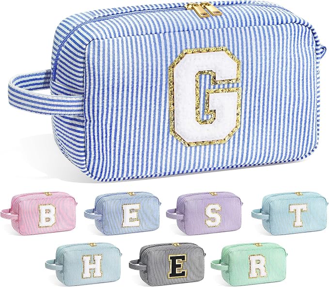 YOOLIFE Graduation Gifts for Teen Girls - Initial Makeup Bag Letter Toiletry Pouch Cosmetic Case, Personalized Teen Girl Gifts Trendy Stuff Party Favor, Blue G