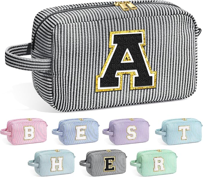 YOOLIFE Gifts for Women Teen Girls - Initial Makeup Bag Cosmetic Bag Toiletry Pouch, Personalized Birthday Gifts for Women Girls Mom Daughter Sister Friends, Black A