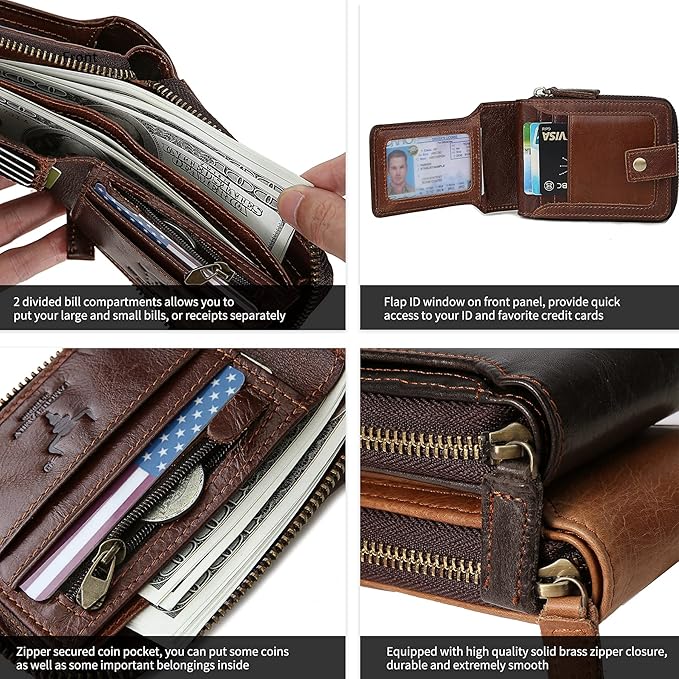 Zipper Wallet Men RFID Blocking Leather Bifold Wallets For Men - Flap ID Window Zip Coin Pocket Mens Zipper Wallets - Big Capacity Credit Card Travel Wallet (Brown)
