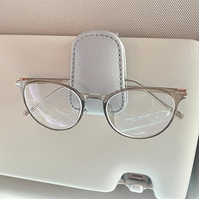 KIWEN Sunglasses Holders for Car Sun Visor, Magnetic Leather Sunglass Glasses Eyeglass Clip for Car (2, Gray)