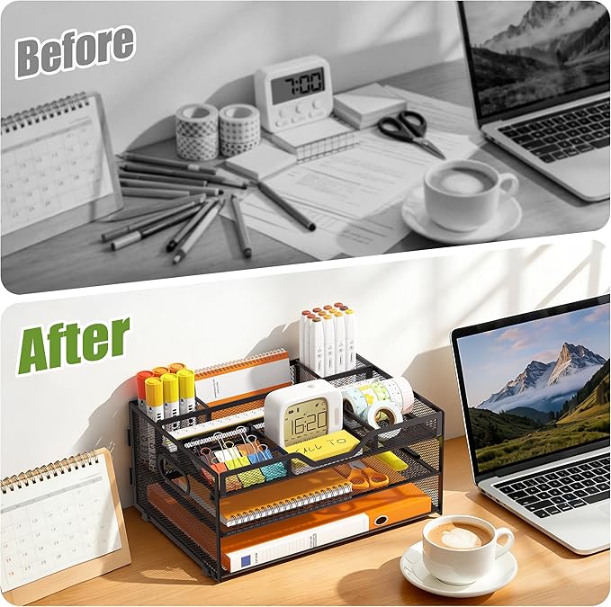 3-Tier Letter Paper Tray Desk Organizer, Black Desktop File Rack Holder with 3 Drop in Pencil Holder and Sliding Tray for Office Classroom and Home Supplies Organization Storage