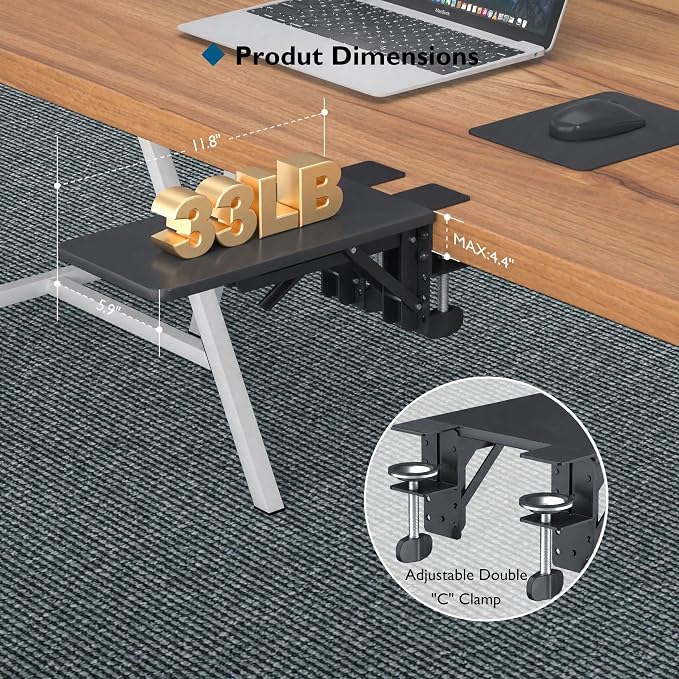 BONTEC Desk Extender Tray, 11.8"x5.9" Table Mount Arm Wrist Rest Shelf, 90°Foldable Elbow Support, Clamp on Computer Arm Rest for Desk, Office & Home Use, Durable & Easy to Install, Black Pattern