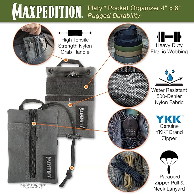 MAXPEDITION Platy Pocket Organizer, Durable EDC Tool Pouch for Men, Neck Wallet with Paracord Lanyard, Holds Flashlight, Multitool, Pen, Notebook