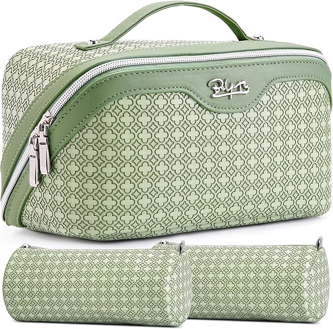 BOYATU Travel Makeup Bag for Women: Four Leaf Clover Large Capacity 3 Pcs Set Cosmetic Bags - Waterproof 50% Extra Space for Toiletry Organizer - Travel Essentials for Fortunate (01 Light Green)