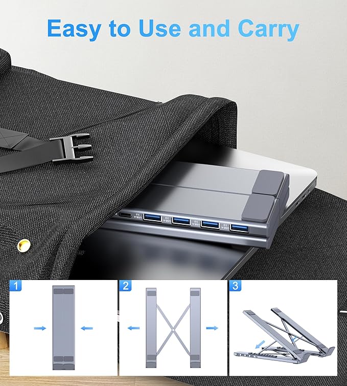 M61 USB C to USB Hub Portable Laptop Stand, Aluminum 4 Ports USB3.0 Multiport Adapter Adjustable Laptop Docking Station Stand Compatible with MacBook Pro/Air, Chromebook, Keyboard, Mouse, HDD