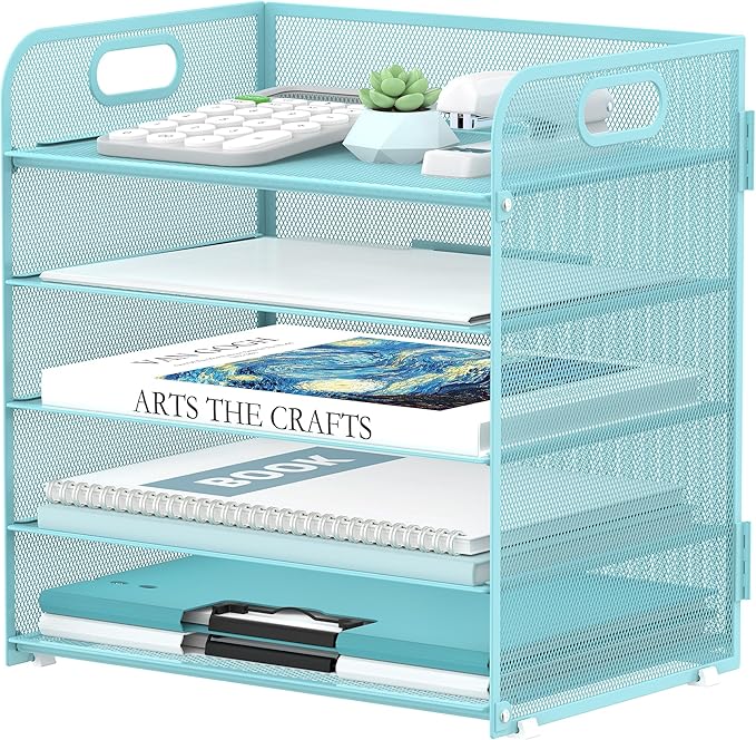 Supeasy 5 Trays Paper Organizer Letter Tray with Handle-Mesh Desk File Organizer, Paper Sorter Desk Organizer for Office, Home or School (Light Blue)