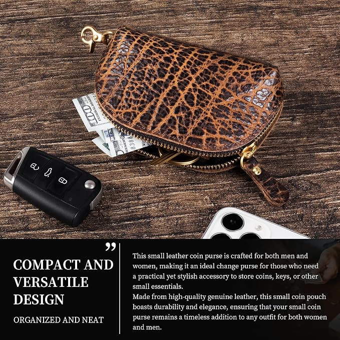 Gexmil Genuine Leather Coin Purse with Zipper, Full Grain Leather, Mini Coin Pouch for Women Men, Change Wallet,Giant Pebble Brown