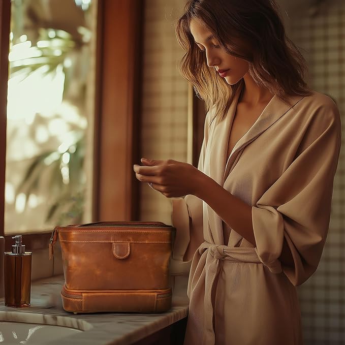 LEATHER VILLAGE Genuine Leather Dopp Kit – Large Travel Toiletry Bag with Waterproof Lining, Dual-Zip Design for Men & Women, Organizer for Shaving, Makeup & Essentials - Tan