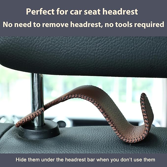 Amooca Car Seat Headrest Hook Universal Vehicle Storage Hanger Leather with Metal Car Seat Back Organizer for Handbag Purse Coat Brown 2 Pack