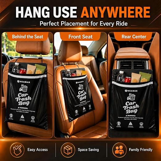 Noaman 50PCS 1 Pack Car Trash Bags, 2.5 Gal Disposable Garbage Bags for Car, SUV, Truck and RV, Leak-Resistant Odor-Control Bags, Stick-On or Headrest Mount, Alternative to Car Trash Can, Black
