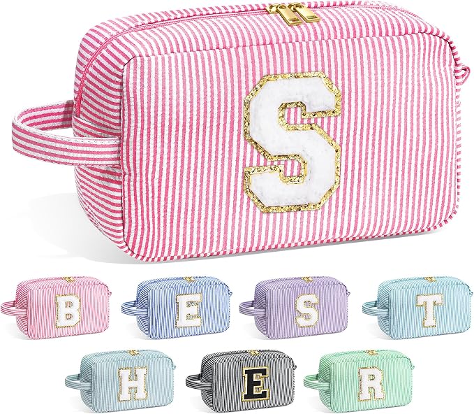 YOOLIFE Birthday Gifts for 6 7 8 9 10 11 12 13 14 15 Year Old Teen Girl - Initial Makeup Bag Letter Toiletry Pouch Cosmetic Case, Personalized Teen Girl Gifts Trendy Stuff Party Favor, Pink S