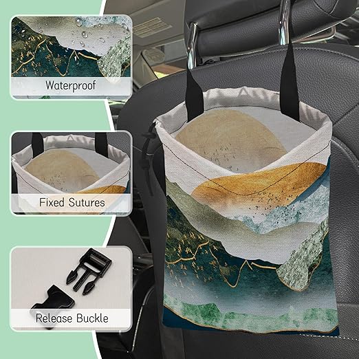 Green Mountains Car Garbage Bag,Golden Sunset Waterproof Small Car Trash Bag Hanging Back of Seat,Drawstring Hanging Car Trash Bag with Adjustable Buckle for Car Accessories