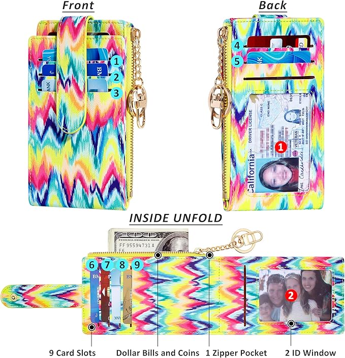 Badiya Slim Women Wallet RFID Blocking Bifold Compact 9 Card Slots Holder Wallets Soft Leather with Zipper Coin Pocket 2 ID Window