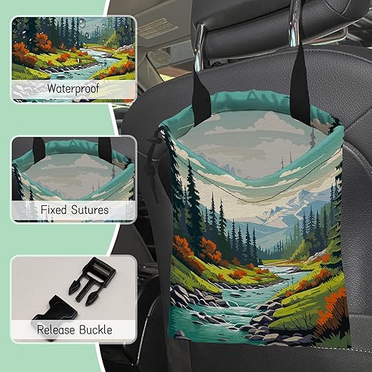 Mountain Landscape Car Garbage Bag,Forest River Waterproof Small Car Trash Bag Hanging Back of Seat,Drawstring Hanging Car Trash Bag with Adjustable Buckle for Car Accessories