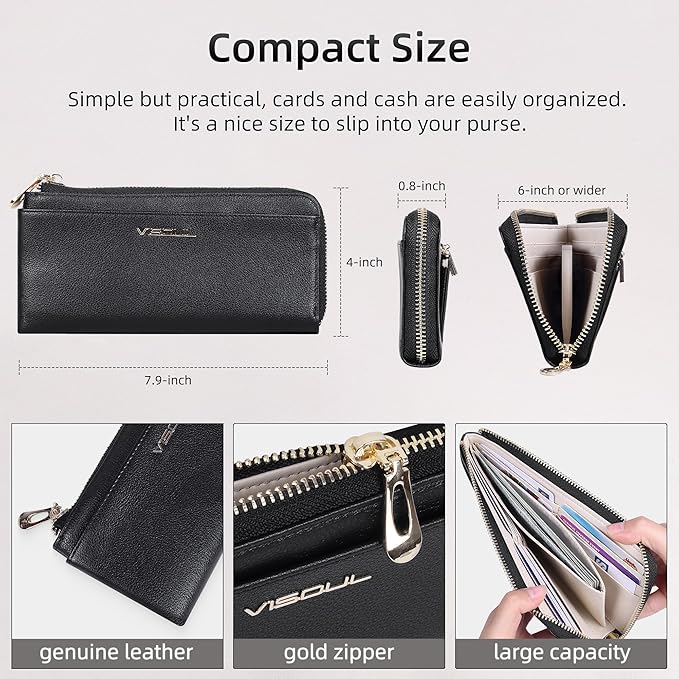 VISOUL Womens Leather Long Zip Around Clutch Wallet with Coin Pocket 12 Card Slots, Slim Thin RFID Blocking Cash Wallets for Women Large Capacity Organizer (Black and Ivory)