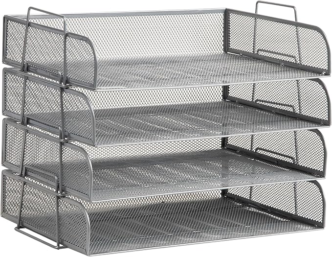 Mind Reader Stackable Paper Tray, Desktop Organizer, File Storage, Office, Metal Mesh, 4 Pcs., Silver
