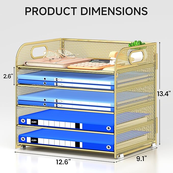 Paper Organizer Letter Tray with Handle Mesh 5 Trays Desk File Organizer Paper Sorter Desk Organizer for Office, Home or School-Gold