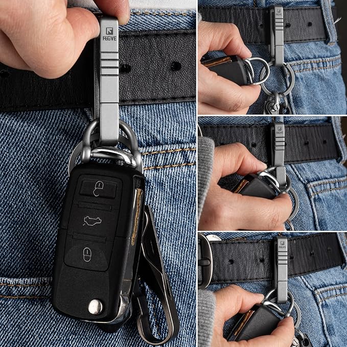 FEGVE Titanium Key Belt Clip with Key Ring, Belt Key Holder Key Chain Clip Black Keychain for Men