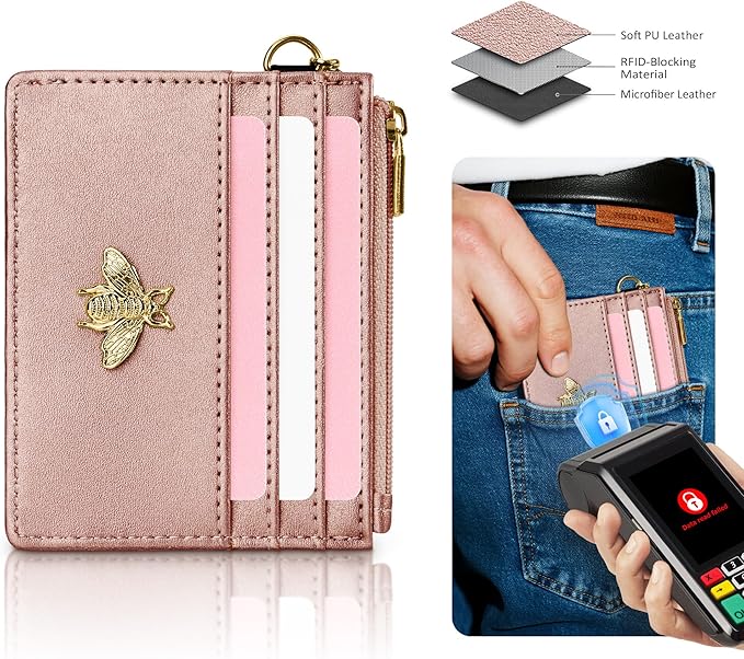 SEAVILIA Card Holder Keychain Wallet for Women with ID Window RFID Coin Purse Bee Gifts Slim Minimalist Small Wallet
