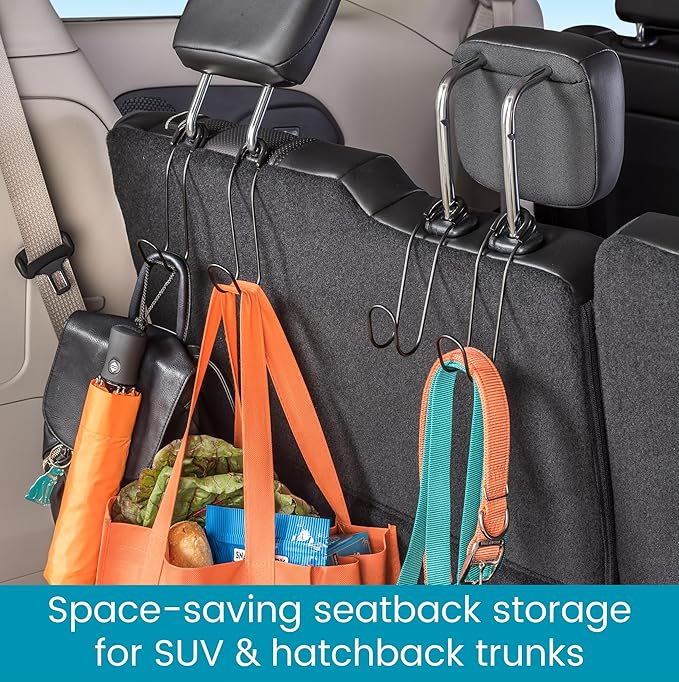 High Road Metal Car Hooks for Purses and Bags - Unbreakable Headrest Car Hooks for Large Purse Straps and Heavy Bags up to 40 lbs - Secure Attachment Loops Fit All Headrest Posts (Single Hook 4-Pack)