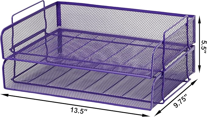 EASEPRES 2 Pack Stackable Desk Paper Tray, Metal Mesh Desktop Document Letter File Organizer for Office Home School, 13.5'' L x 9.75'' W x 5.5'' H, Purple